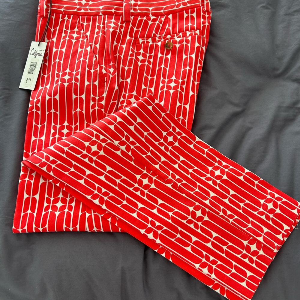 Red and White Dress Pants with Geometric Pattern